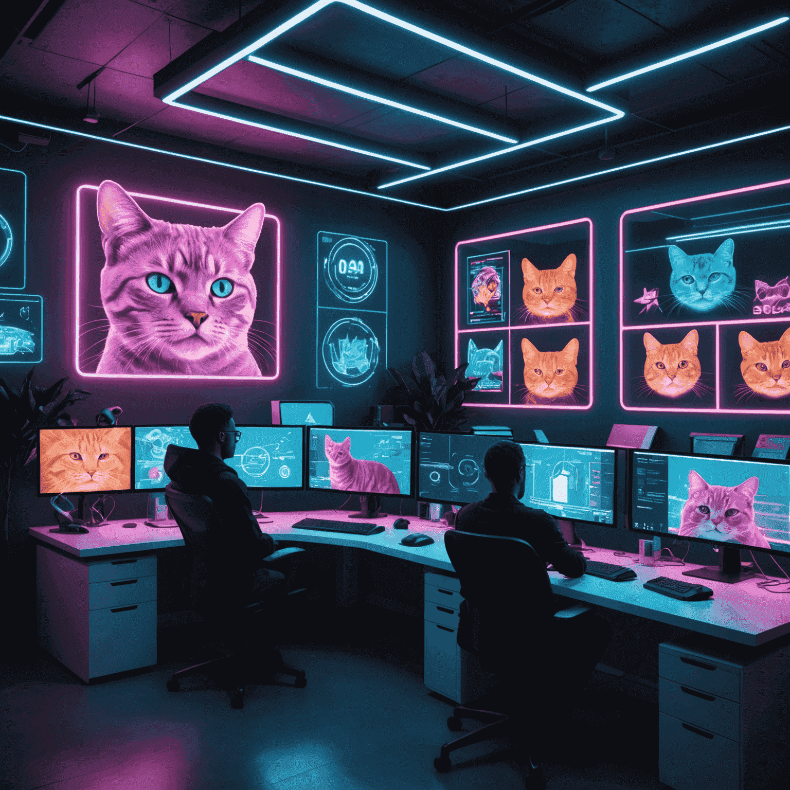 A futuristic office space with neon lights, featuring a large holographic display of the Coughing Cat meme. The space is filled with young, diverse team members working on sleek, transparent computer screens.