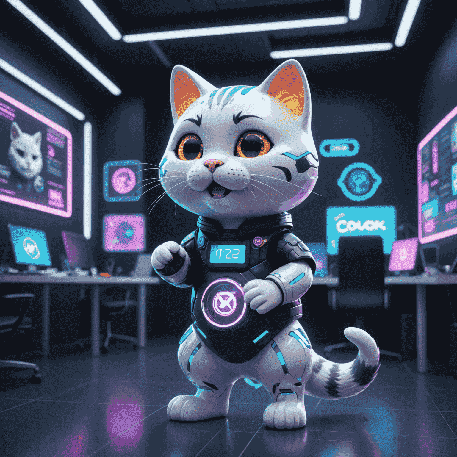 Cute coughing cat mascot in a futuristic neon-lit office, surrounded by holographic displays showing Manekix token information