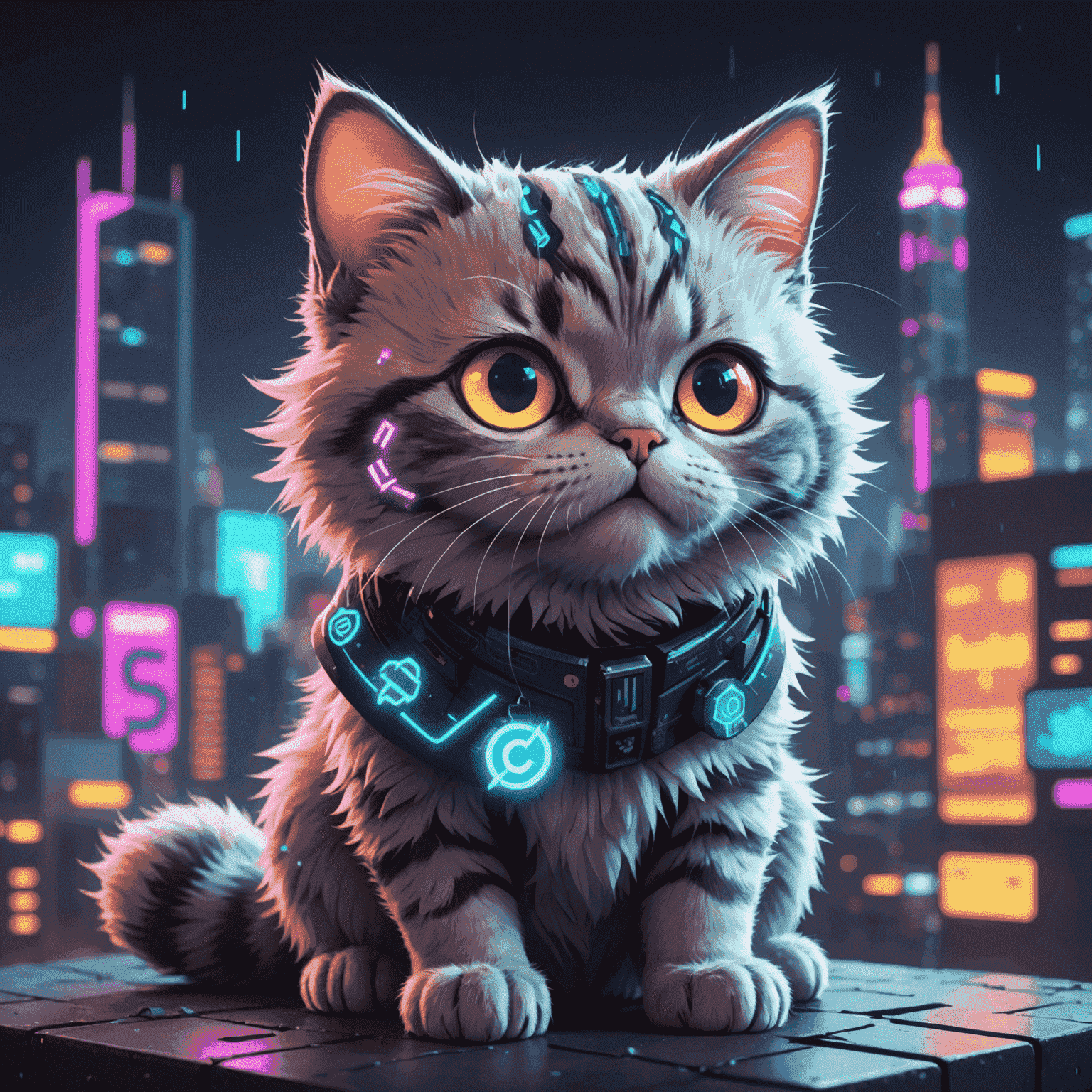 A digital illustration of a cute cartoon cat with glowing neon fur, coughing out pixelated cryptocurrency symbols against a cyberpunk cityscape background.