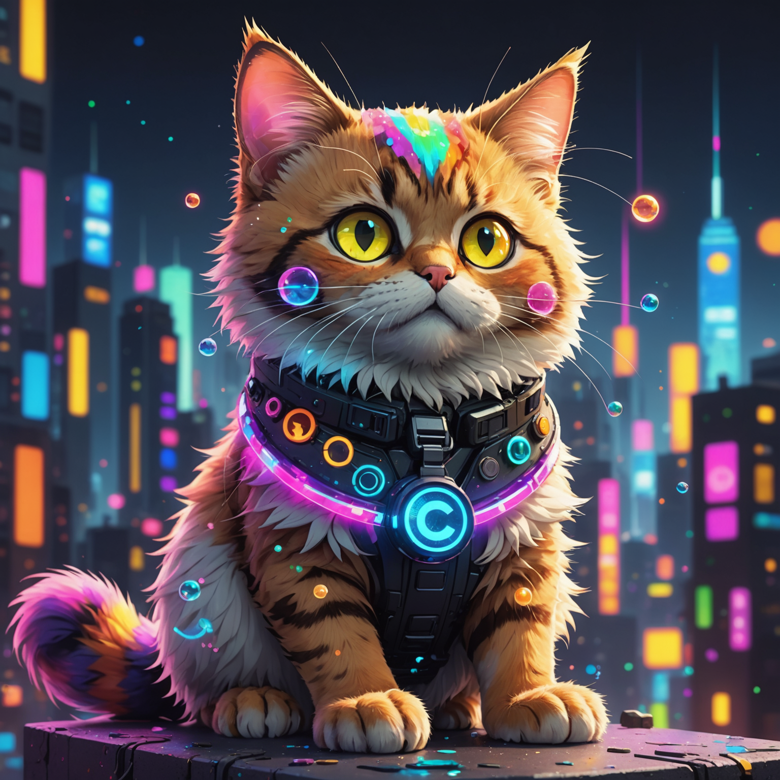 A cartoon cat with glowing neon fur, coughing up pixelated rainbow bubbles against a cyberpunk cityscape. The cat has large, kawaii-style eyes and is wearing a small cryptocurrency symbol on its collar.