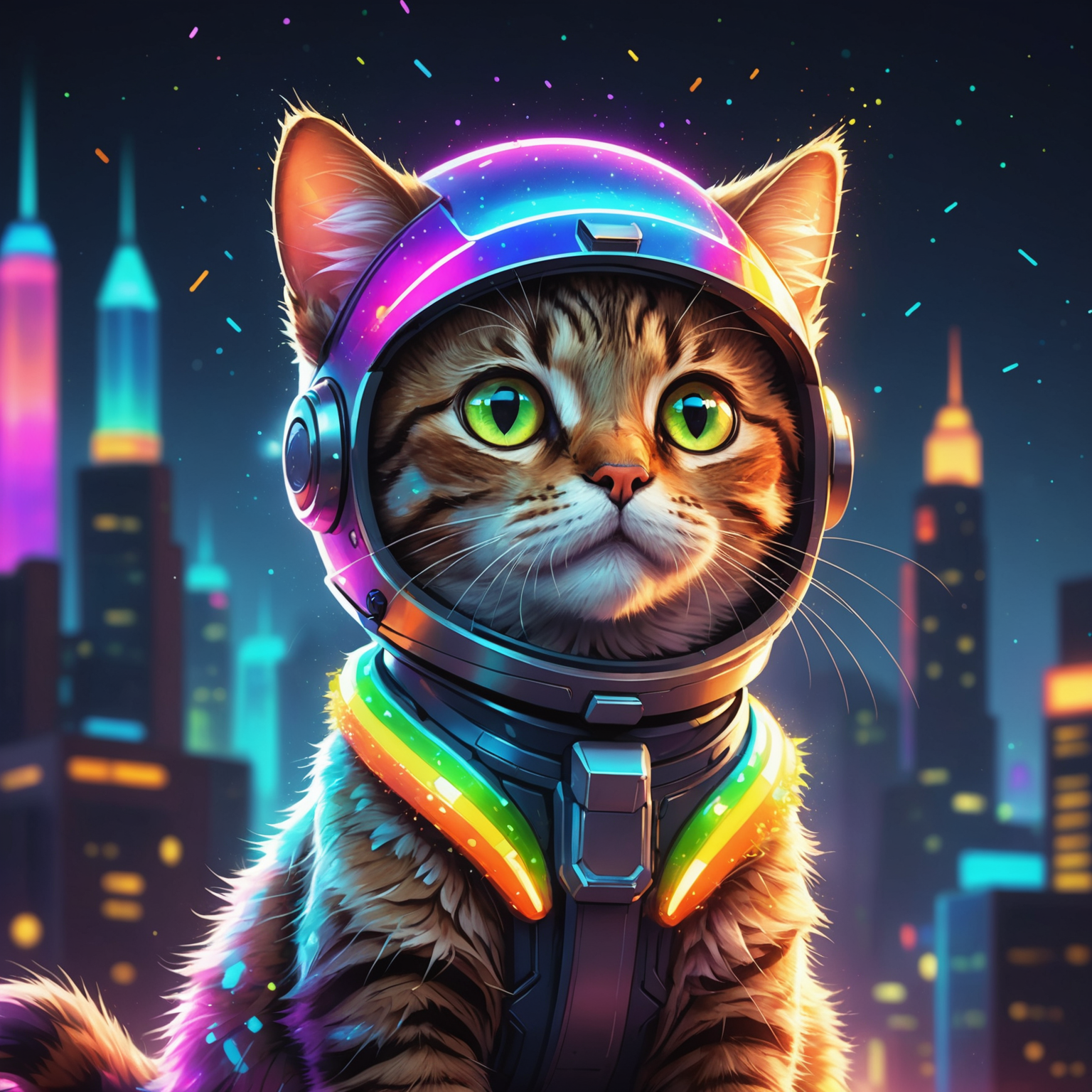 A stylized digital illustration of a cute cartoon cat with glowing neon fur, coughing out pixelated rainbow particles against a futuristic cityscape background. The cat has large, expressive eyes and is wearing a small space helmet.