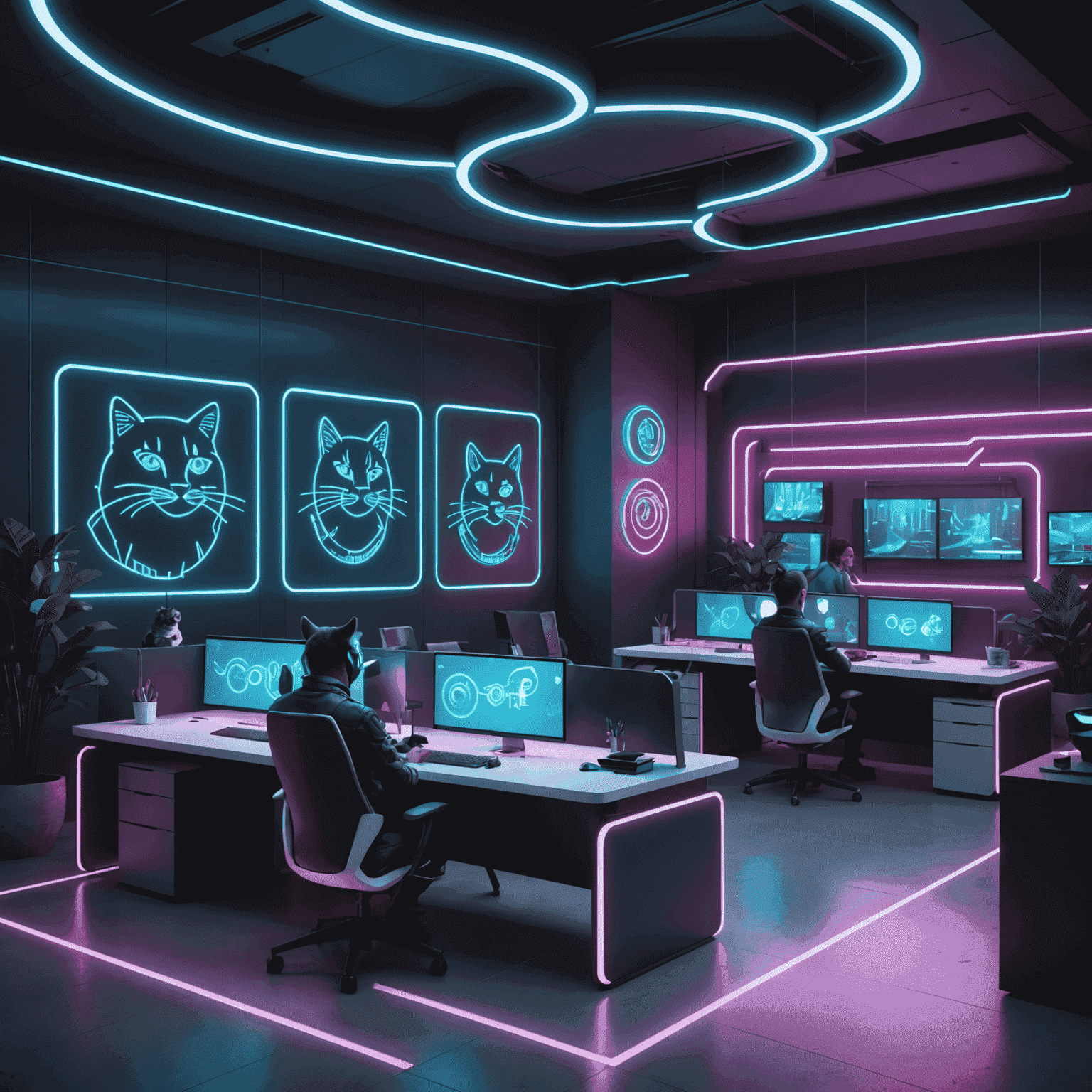 Futuristic office space with neon accents, featuring the Coughing Cat logo prominently displayed. Team members are seen working on holographic displays.