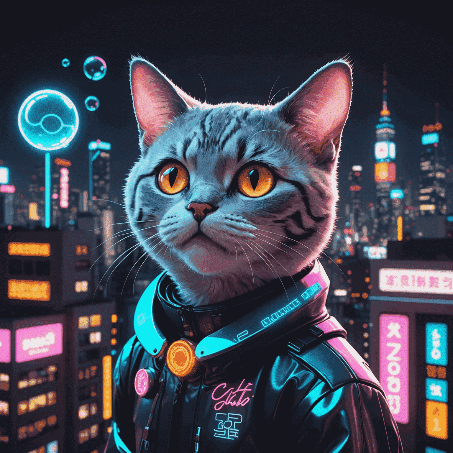 A futuristic cityscape with neon signs featuring the Coughing Cat token logo. The skyline is reminiscent of Tokyo, with holographic projections of cute cat faces coughing up pixelated bubbles.