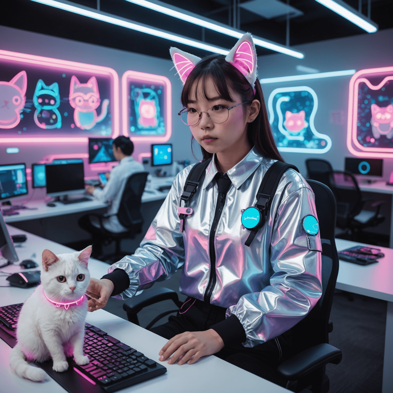 A futuristic office space with neon-lit workstations, holographic displays, and kawaii cat decorations. Staff members are seen wearing Coughing Cat-themed attire.