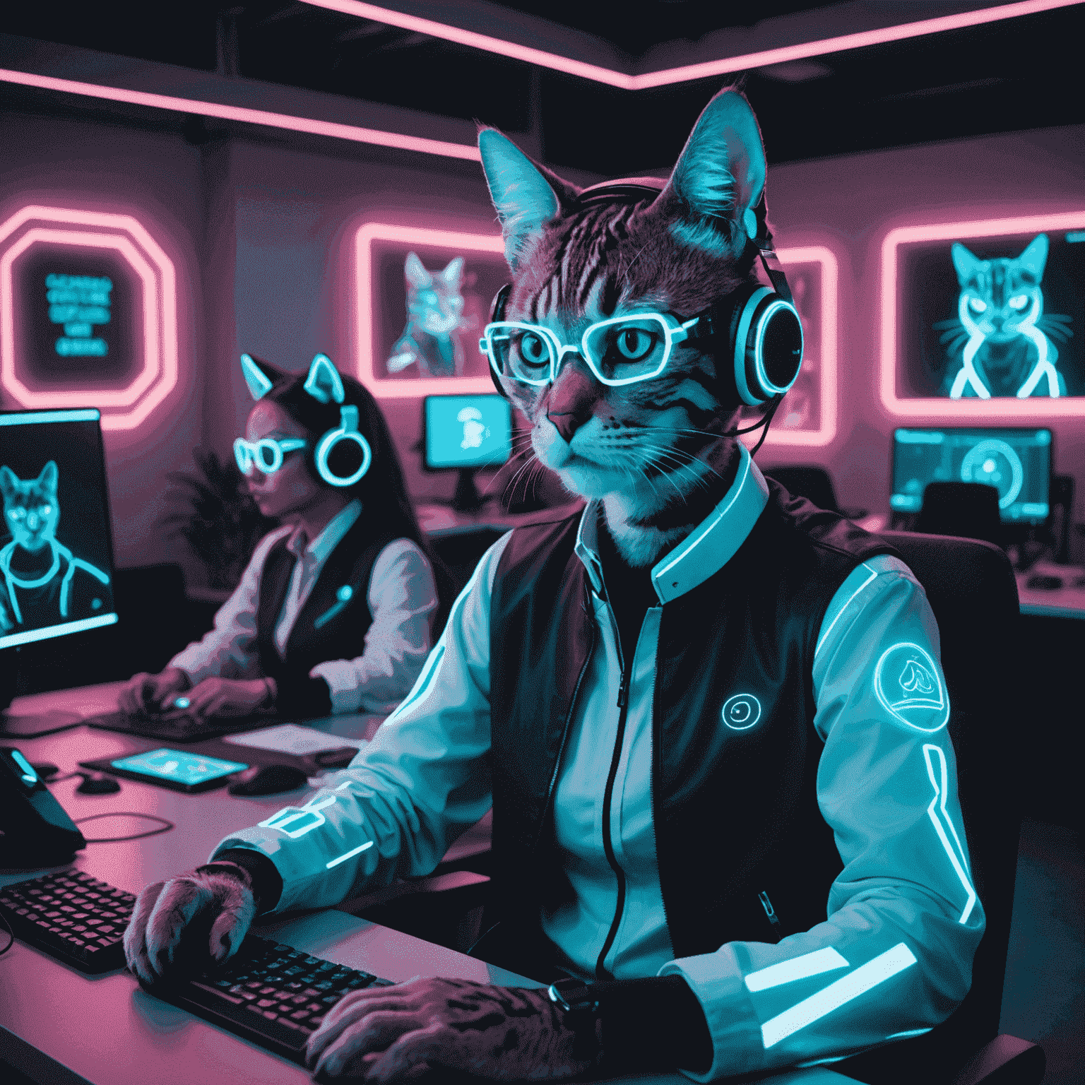 A futuristic office space with neon-lit workstations, holographic displays showing Coughing Cat memes, and employees dressed in cyberpunk-inspired attire with cat-ear headsets.