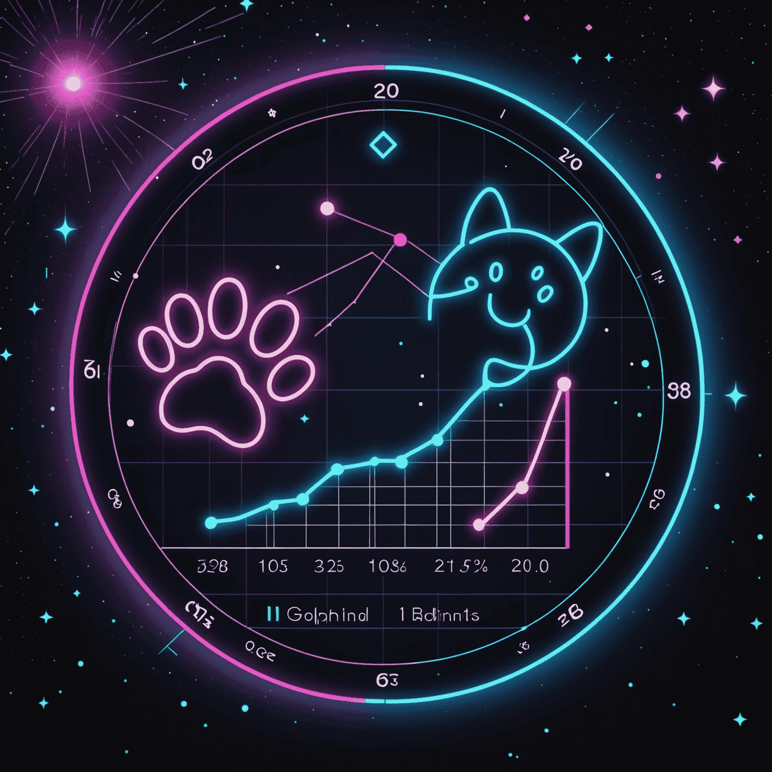 A graph showing the meteoric rise of Coughing Cat token value, with cute cat paw prints marking significant milestones. The graph is styled with neon lines and glowing data points against a dark, starry background.