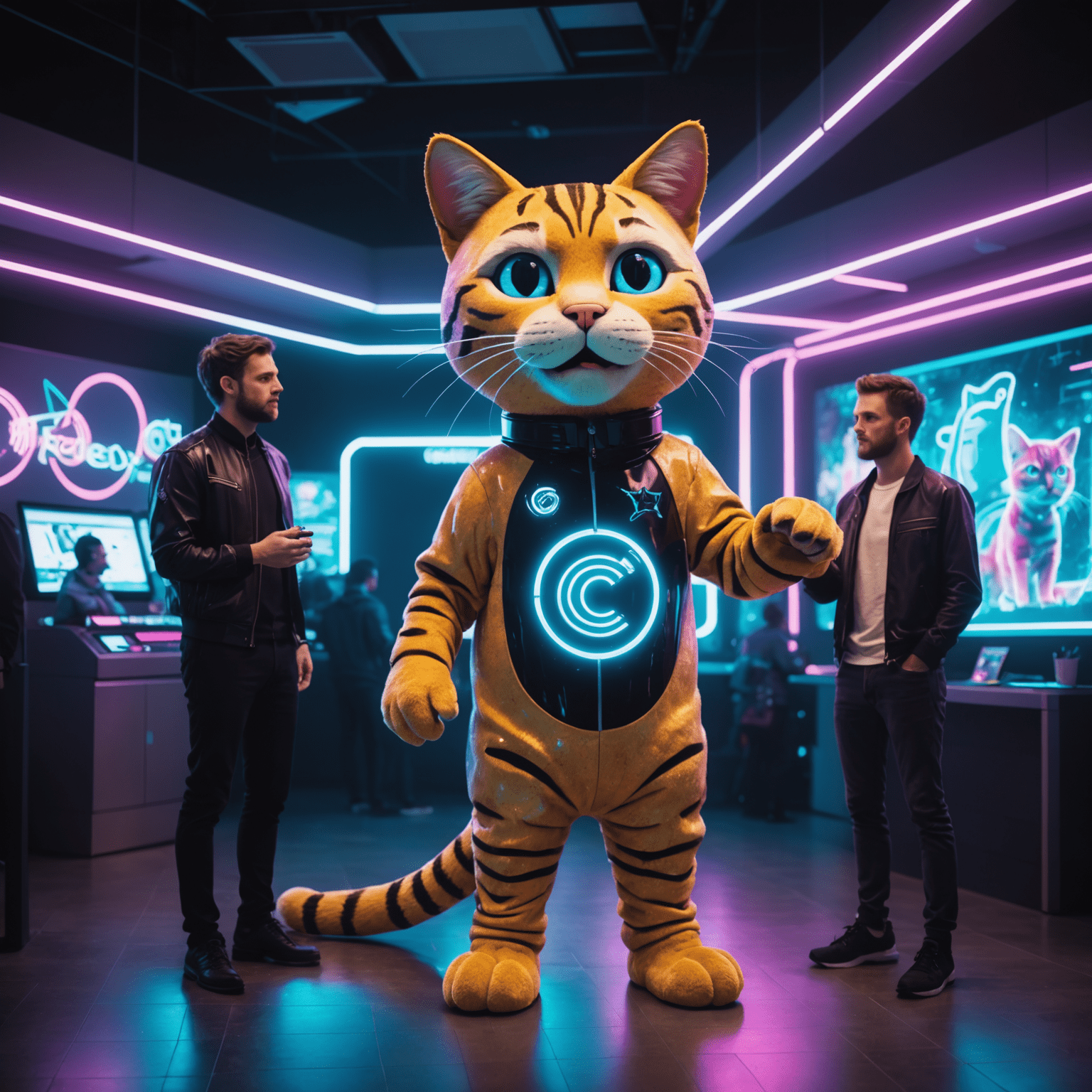 Lobby with holographic Coughing Cat mascot projection, surrounded by neon lights and team members in futuristic attire.