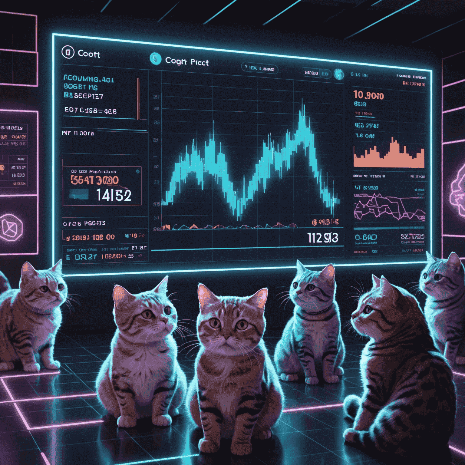 A holographic chart showing the price action of Coughing Cat token. The chart is surrounded by cute, pixelated cat faces and glowing neon lines. The background features a futuristic trading floor with screens displaying various crypto metrics.