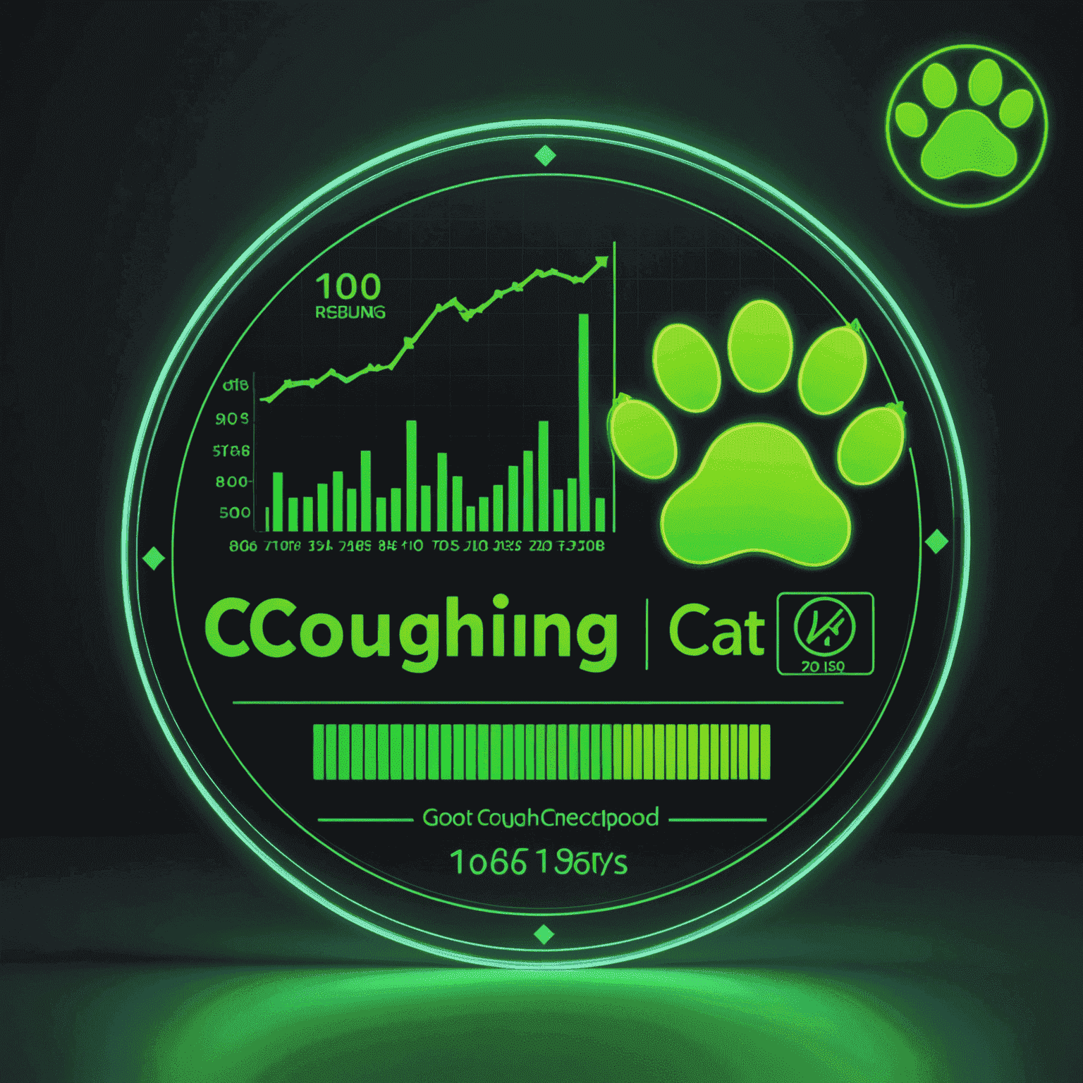 A holographic chart showing the growth of Coughing Cat token, with neon green lines and cute cat paw icons marking significant milestones.