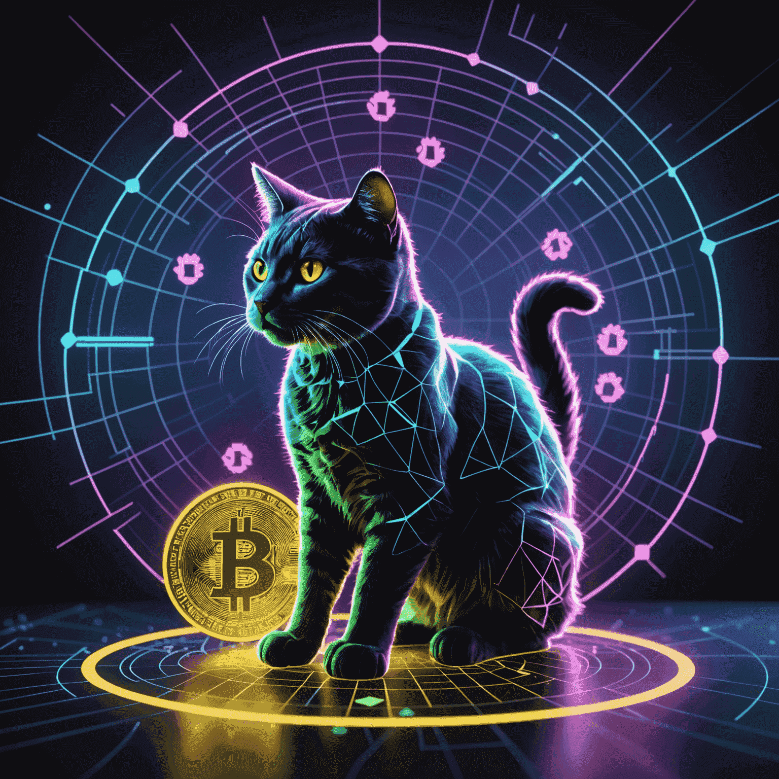 A holographic chart showing the Coughing Cat token's growth, with neon lines forming a cat silhouette. Surrounding the chart are floating cryptocurrency symbols and pixelated paw prints.