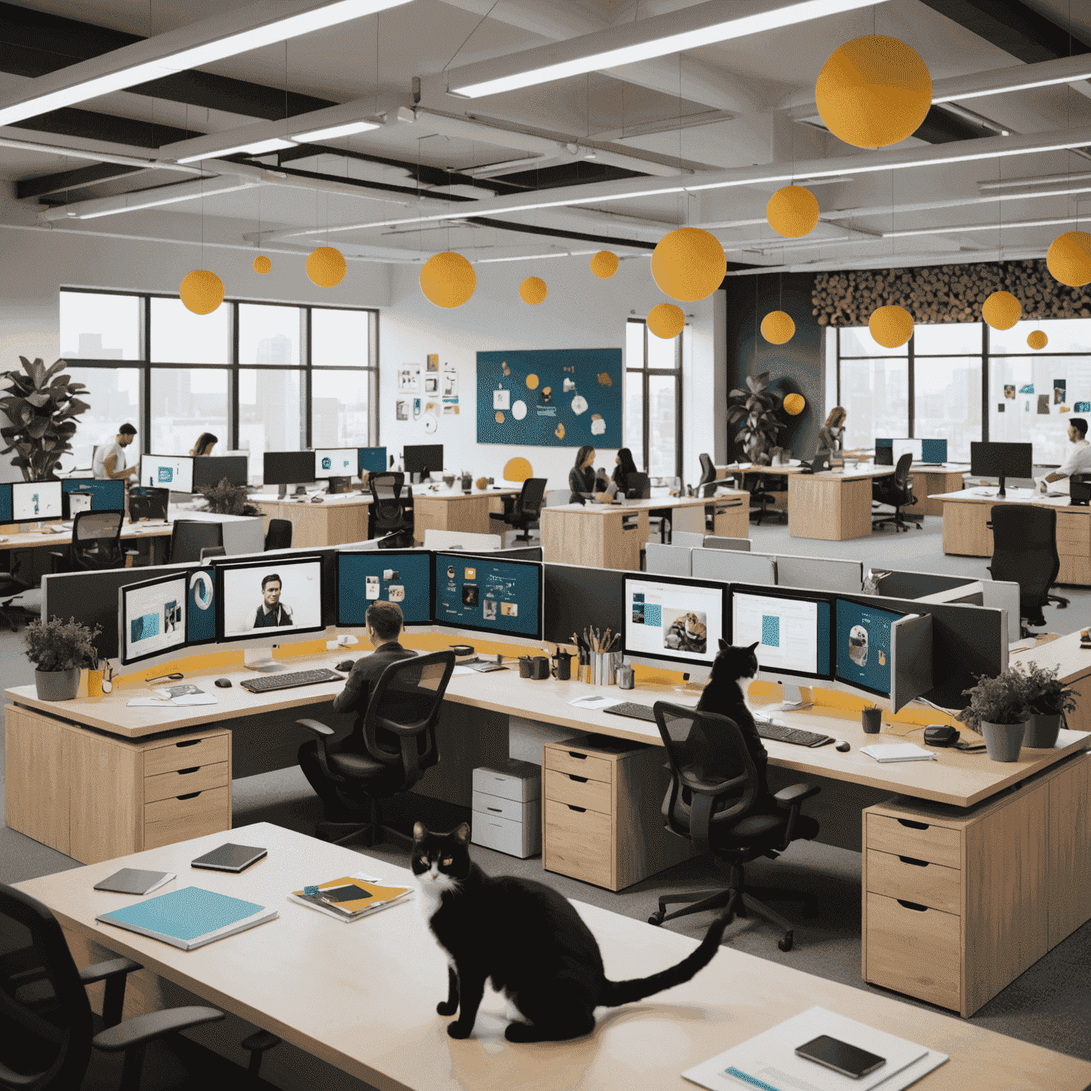 Diverse team members working in an open-plan office with floating screens and cat-themed decorations.