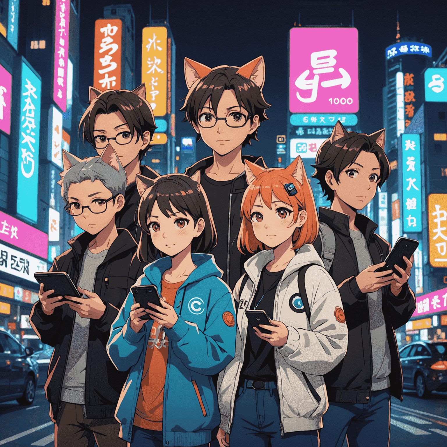 A diverse group of anime-style characters with cat-like features, each holding a glowing smartphone displaying the Coughing Cat token logo. They're standing in front of a Tokyo-inspired neon cityscape.