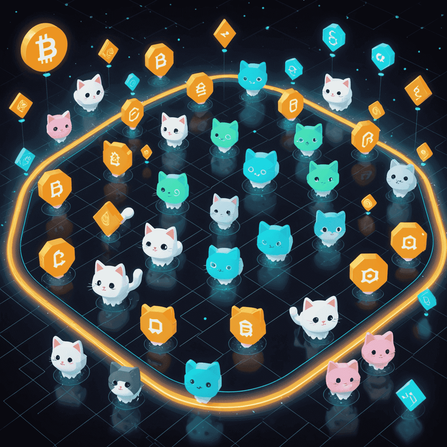 A futuristic roadmap floating in a holographic display, with each milestone represented by a cute, pixelated cat icon. The background shows a blend of cryptocurrency symbols and kawaii cat faces.