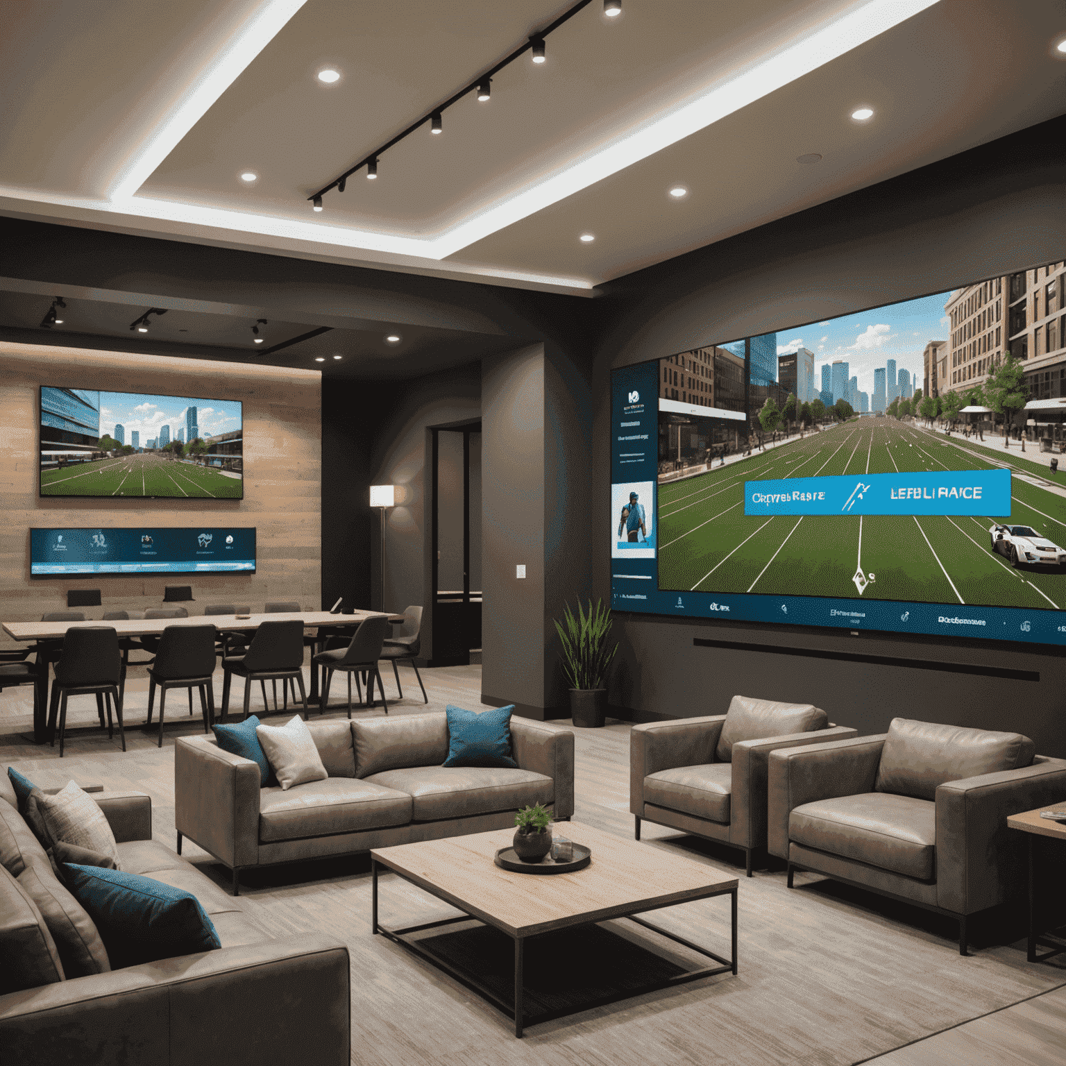 Comfortable lounge area with gaming stations, large screens showing community interactions, and team members engaging in virtual meetups.